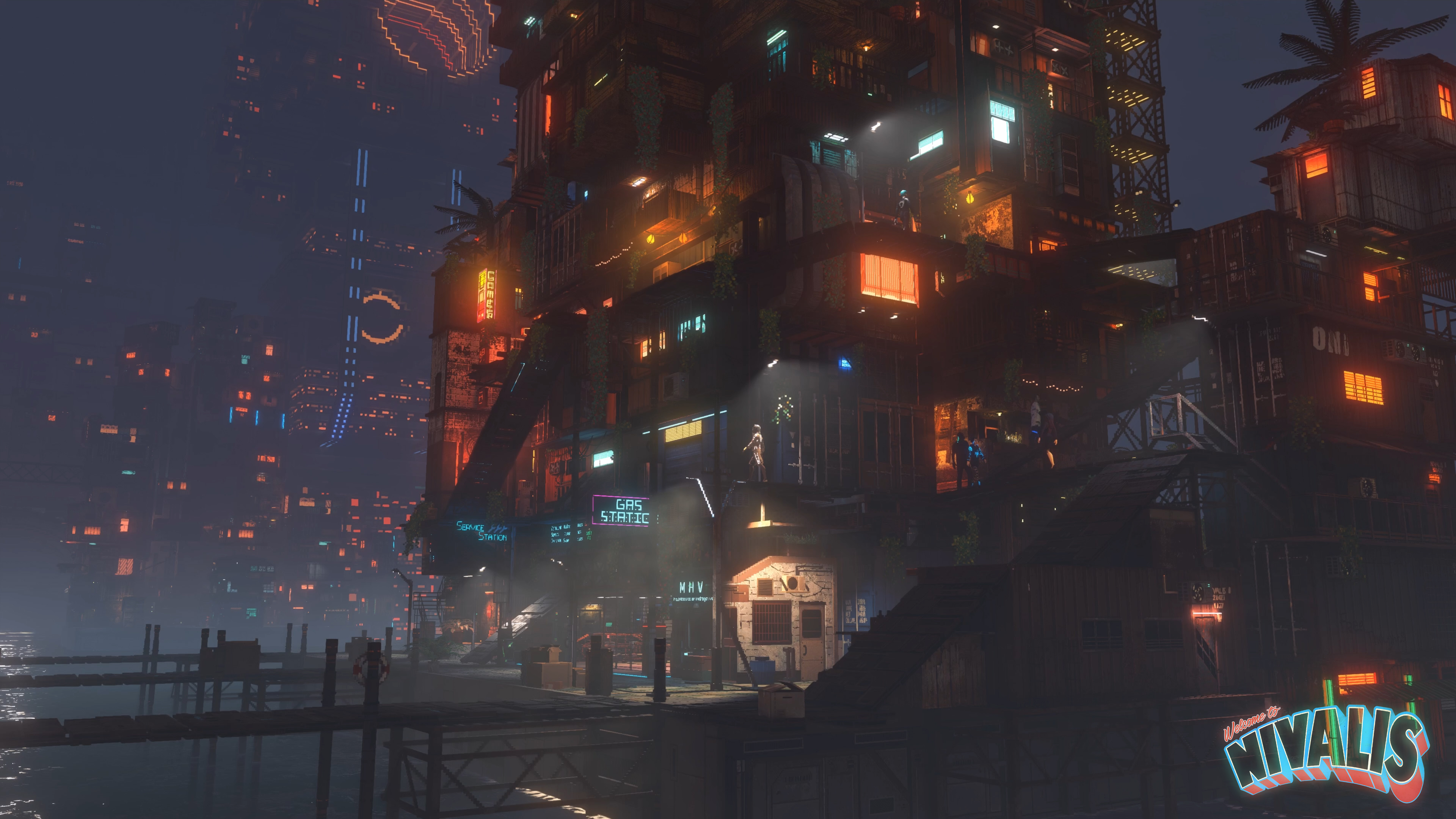 Original Nivalis game screenshot of densely stacked buildings and neon signs at night